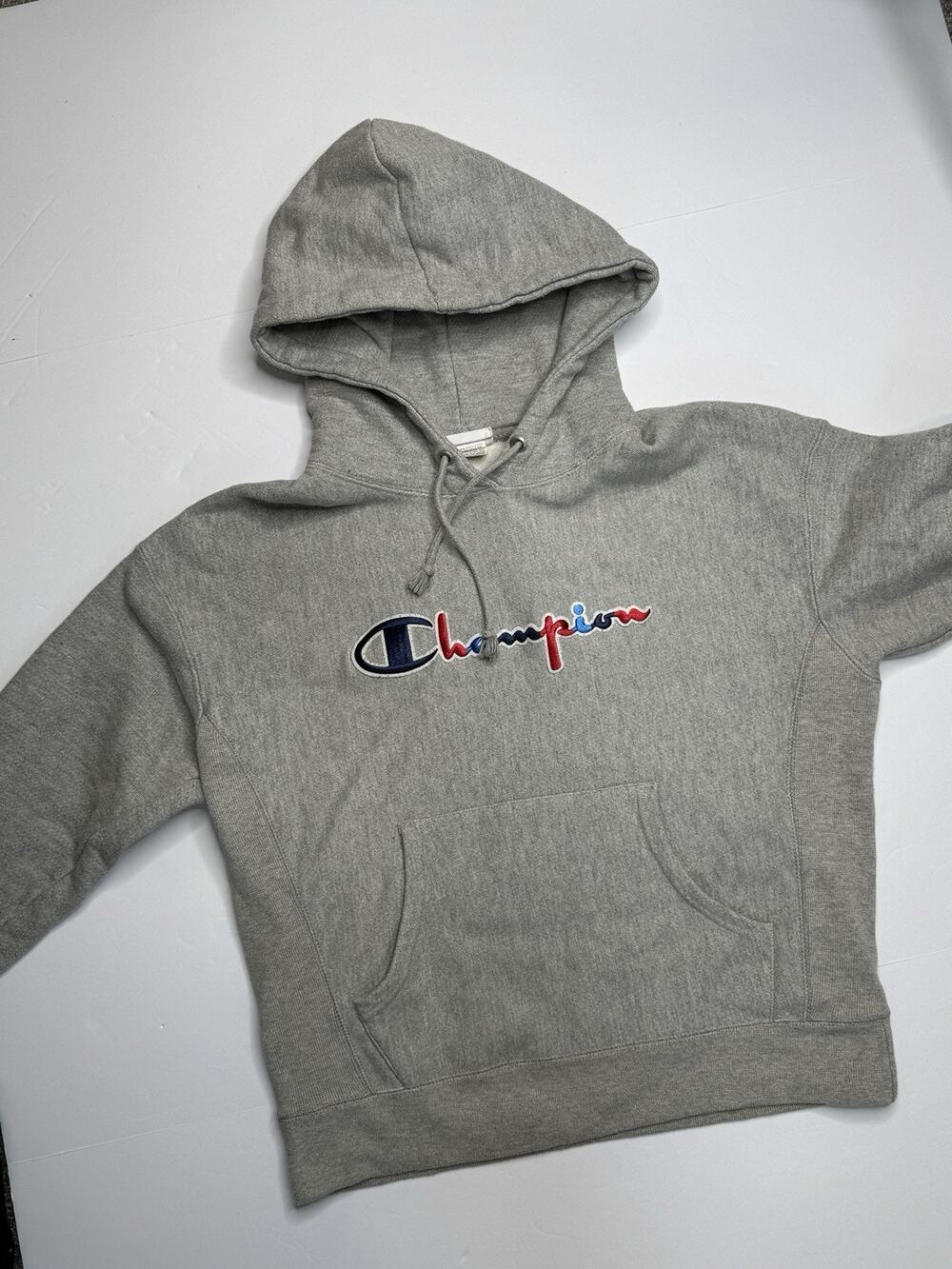 Champion Reverse Weave Hoodie Mens M Gray Embroidered Script Logo Pullover